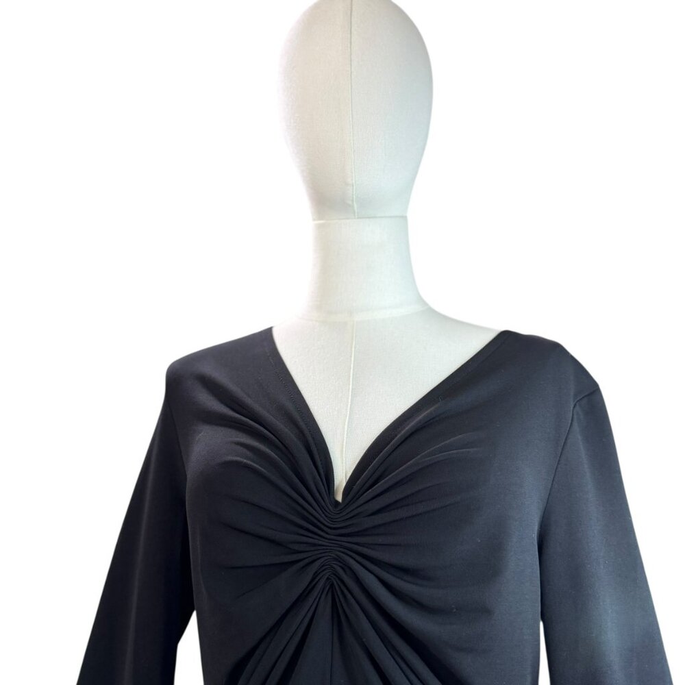 Michael Kors Black Ruched V-Neck Top Size M | Elegant Stretch Knit Long Sleeve - Picture 10 of 13